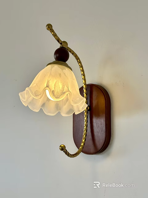 Vintage Wall Lamp With Wooden Base And Golden Metal Bracket White Petal Shaped Frosted Lampshade 3d model 