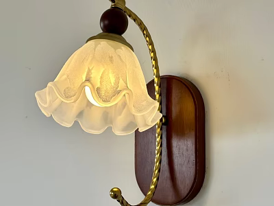 Vintage Wall Lamp With Wooden Base And Golden Metal Bracket White Petal Shaped Frosted Lampshade 3d model