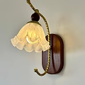 Vintage Wall Lamp With Wooden Base And Golden Metal Bracket White Petal Shaped Frosted Lampshade