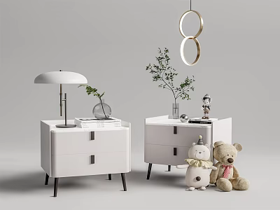 Modern White Bedside Tables With Table Lamp Vase Green Plant Books Small Decor Stuffed Toys 3d model