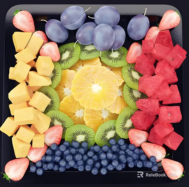 Fresh Assorted Fruits Platter With Kiwi Orange Watermelon And Berries 3d model 