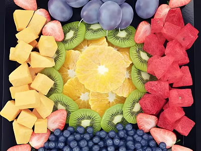 Fresh Assorted Fruits Platter With Kiwi Orange Watermelon And Berries 3d model