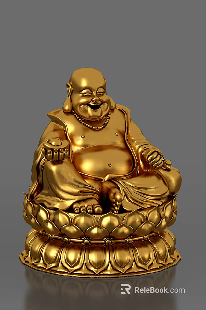 Golden Budai Buddha Sculpture with Smiling Face Sitting on Lotus Base and Necklace Holding Treasure 3d model 