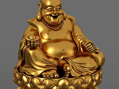 Golden Budai Buddha Sculpture with Smiling Face Sitting on Lotus Base and Necklace Holding Treasure 3d model