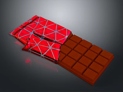 Red Wrapped Chocolate Bar With Square Brown Pieces And Smooth Glossy Surface 3d model