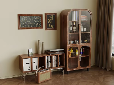 Cozy Living Room With Wooden Display Cabinet Glass Door Decorative Paintings Books Vases Wooden Floor 3d model