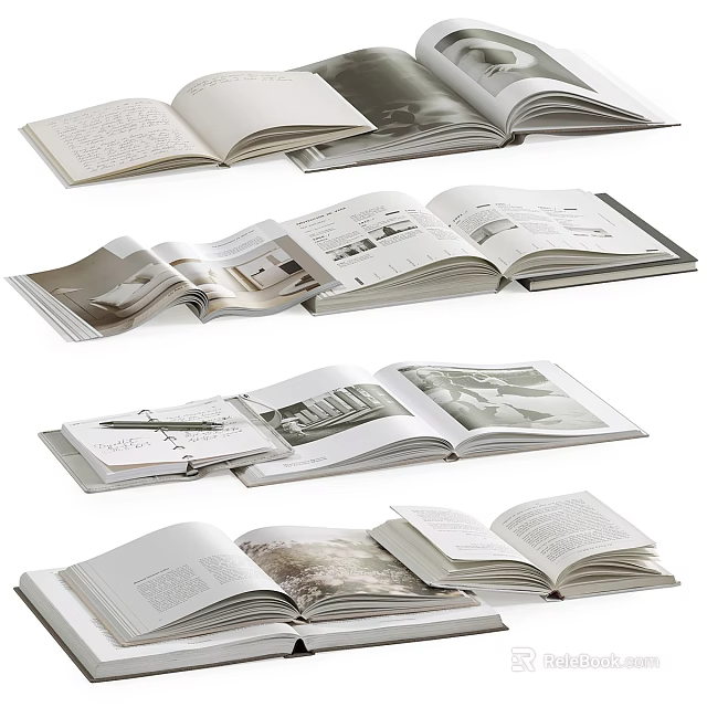 Opened Magazines And Books Display Interior Photo And Text Layout On Open Pages 3d model 