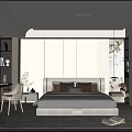 Modern Bedroom Interior Design With White Walls Bed Nightstands Desk Chair And Soft Rug