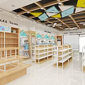 Bright Children's Clothing Store With White Walls Wooden Shelves Display Racks And Blue Storage Boxes