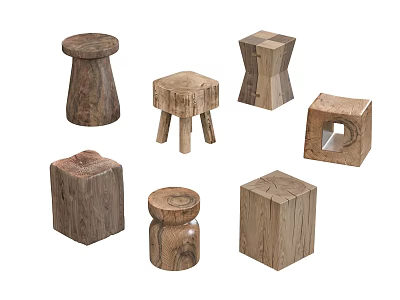 Collection Of Wooden Stools With Various Designs And Different Shapes For Home Decor 3d model