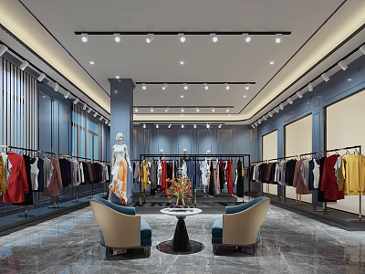 Modern Clothing Store Interior with Various Clothes Racks Chairs and Mannequin Display and Bright Lighting 3d model