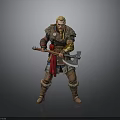 Man As Viking Warrior With Blonde Hair Holding Battle Axe Wearing Leather Armor Red Cape