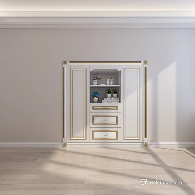 Elegant White Cabinet With Gold Trim Open Storage Shelf And Decorative Drawers 3d model 