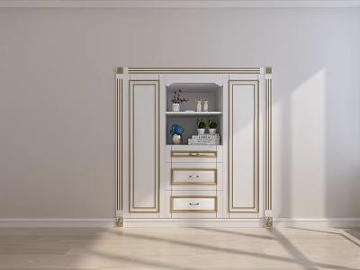 Elegant White Cabinet With Gold Trim Open Storage Shelf And Decorative Drawers 3d model