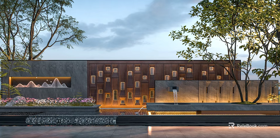 Illuminated Modern Building Facade With Copper Panels Square Windows And Water Fountain 3d model 