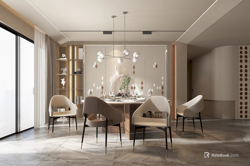 Elegant Modern Dining Room Interior With Round Table Pendant Lights Beige Chairs And Decorative Wall 3d model 