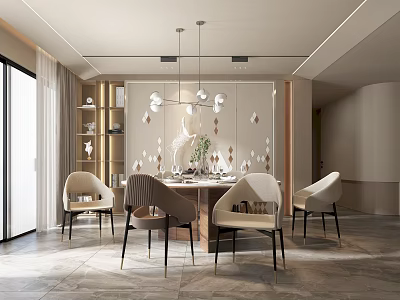 Elegant Modern Dining Room Interior With Round Table Pendant Lights Beige Chairs And Decorative Wall 3d model