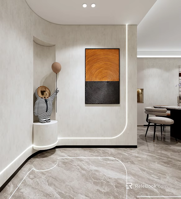 Modern Interior Decor With Orange Black Abstract Painting Striped Figurine And Marble Floor 3d model 
