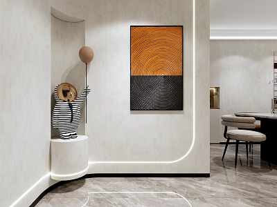 Modern Interior Decor With Orange Black Abstract Painting Striped Figurine And Marble Floor 3d model