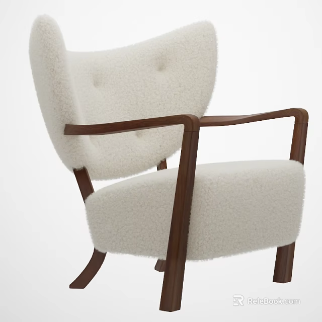 Cozy White Single Sofa With Wooden Armrests And Soft Fluffy Fabric Design 3d model 