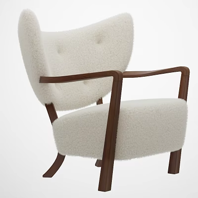 Cozy White Single Sofa With Wooden Armrests And Soft Fluffy Fabric Design 3d model