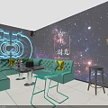 KTV Private Room With Blue Sofa Starry Sky Themed Wall Table Standing Microphones And Drinks