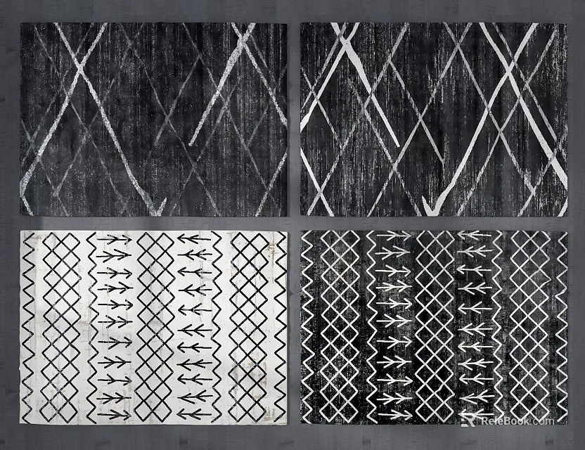 Set Of Square Rugs With Black And White Geometric Patterns For Home Decoration 3d model 