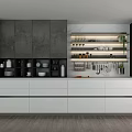 Modern Kitchen Interior With Dark Upper Light Lower Cabinets Shelves And Utensils 3d model