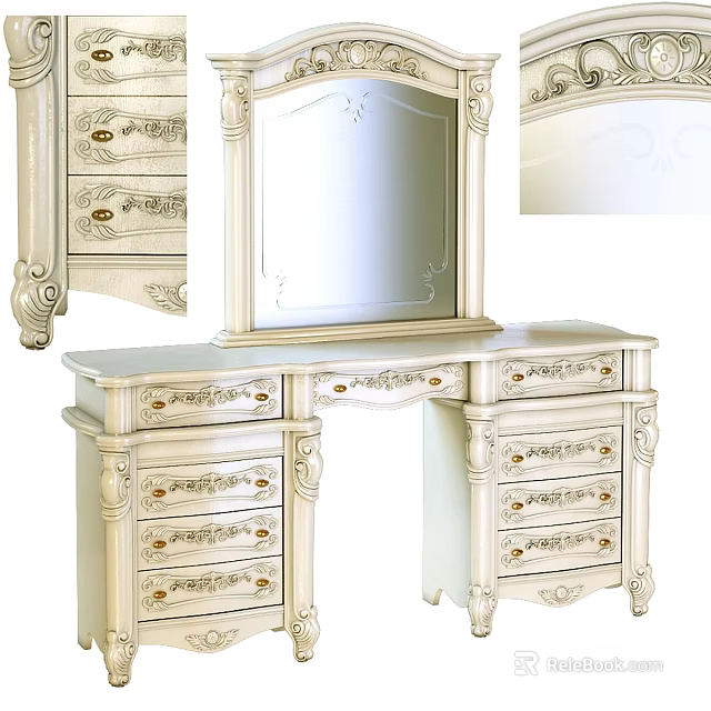 Elegant Carved Dressing Table With Mirror And Multiple Drawers In Classical Design 3d model 