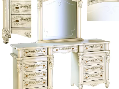 Elegant Carved Dressing Table With Mirror And Multiple Drawers In Classical Design 3d model