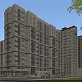 Modern High Rise Residential Building with Numerous Windows Ground Floor Retail Units and Surrounding Greenery
