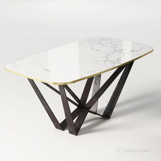 Modern Dining Table With White Marble Tabletop Gold Trim And Black Geometric Legs 3d model 
