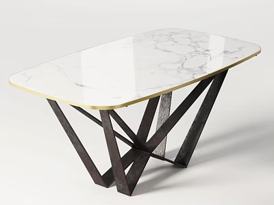 Modern Dining Table With White Marble Tabletop Gold Trim And Black Geometric Legs 3d model