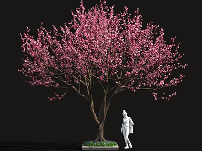 Pink Flowering Tree with White Base and Green Plants Near Human Figure Sculpture 3d model
