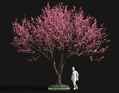Pink Flowering Tree with White Base and Green Plants Near Human Figure Sculpture 3d model