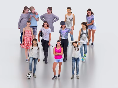 Group of Children Standing Together Indoors With Casual Clothes And Soccer Ball 3d model