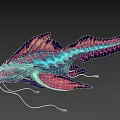 Mythical Aquatic Creature with Blue and Pink Coloration Sharp Teeth Fins and Tentacles