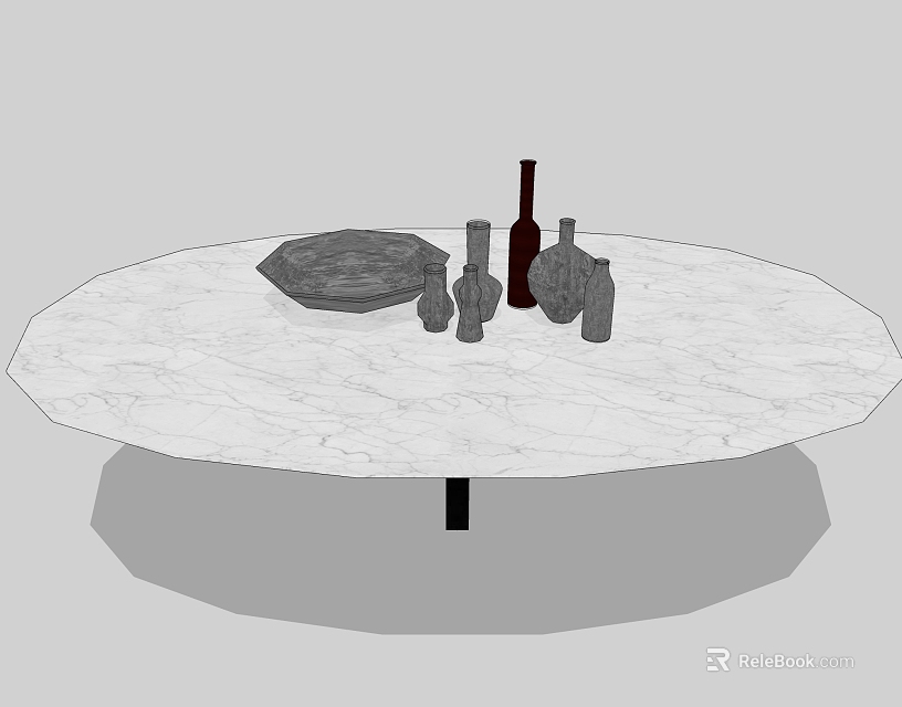Elegant Ceramic Bowls and Vases Arranged on Round White Marble Tabletop 3d model 