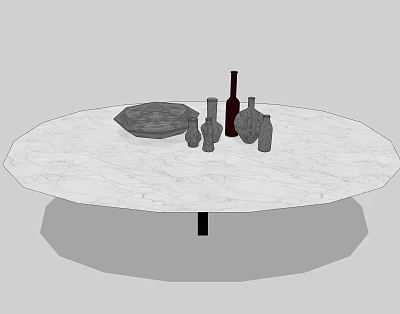Elegant Ceramic Bowls and Vases Arranged on Round White Marble Tabletop 3d model