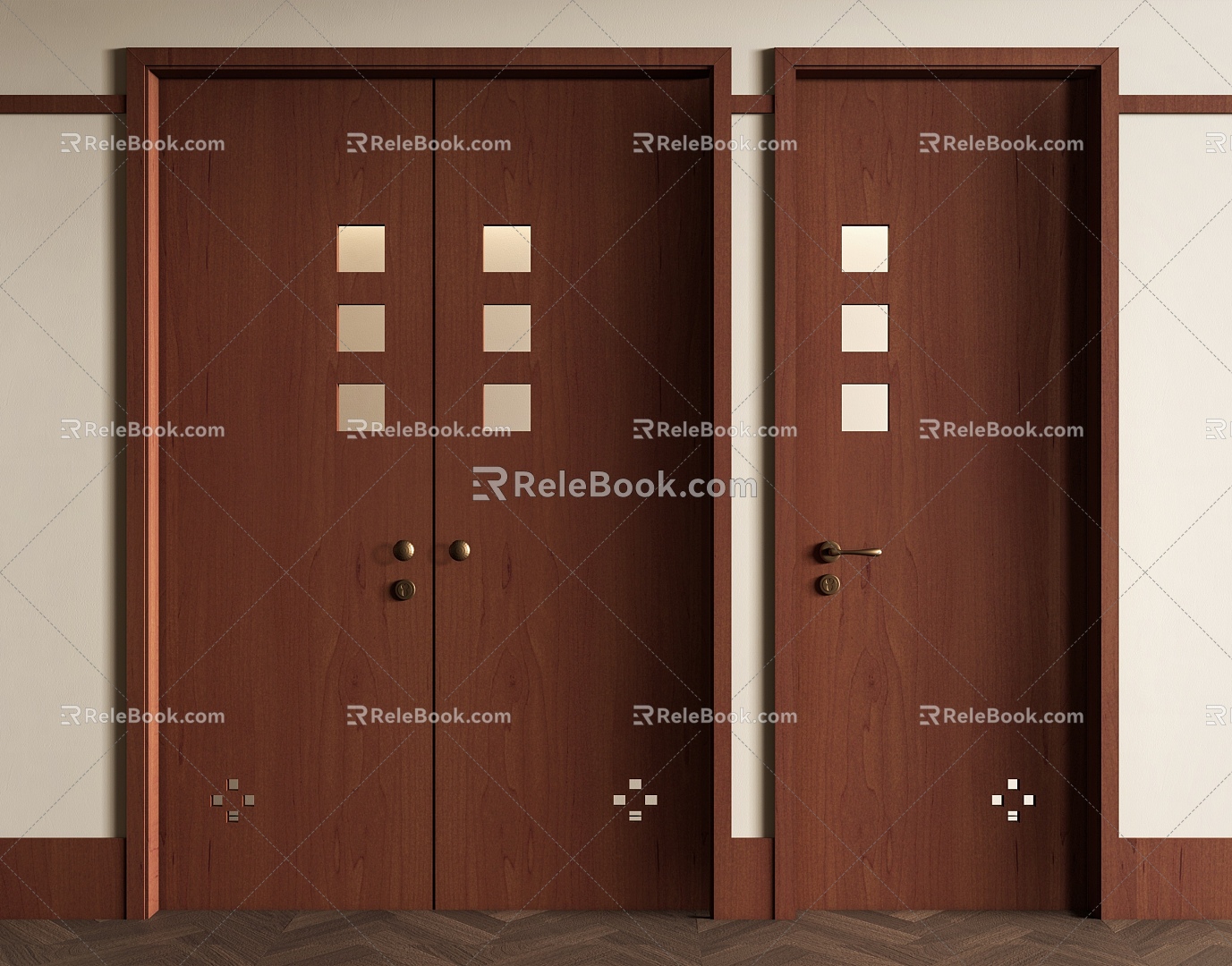 Quiet ancient solid wood glass double door single door wood 3d model