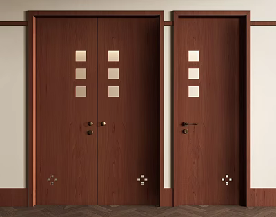 Classic Brown Wooden Double Doors With Square Glass Panels And Metal Handles 3d model