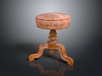 Vintage Wooden Stool With Round Upholstered Seat And Carved Curved Legs 3d model