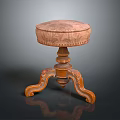 Vintage Wooden Stool With Round Upholstered Seat And Carved Curved Legs