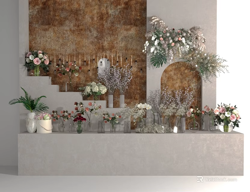 Display Shelf Showcasing Various Flower Bouquets and Decorative Vases Against Textured Wall 3d model 