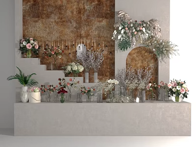 Display Shelf Showcasing Various Flower Bouquets and Decorative Vases Against Textured Wall 3d model