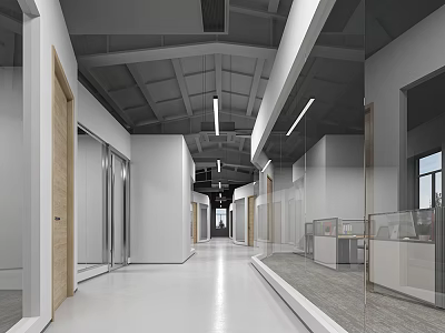 Modern Office Corridor Interior Design With Glass Partitions And Ceiling Light Strips 3d model