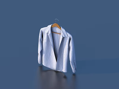 Light Blue Striped Blazer Hanging On Wooden Hanger Against Dark Background 3d model
