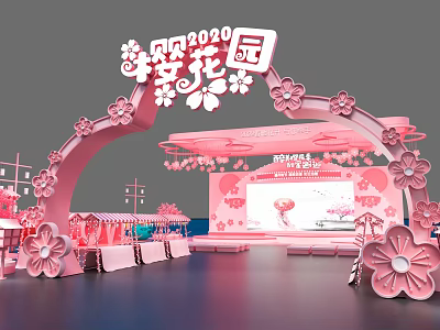 2020 Cherry Blossom Garden Photo Check In Spot With Pink Arch Stage And Stalls 3d model