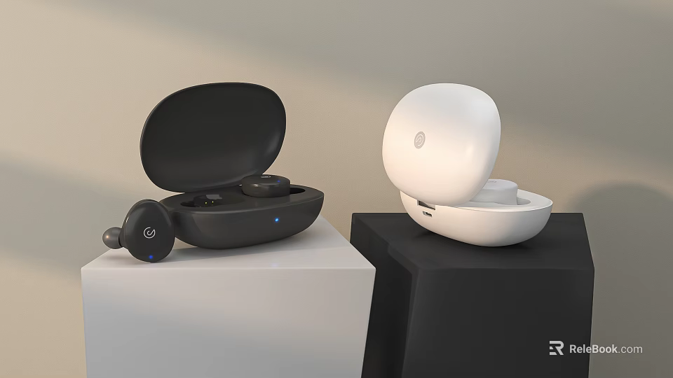Wireless Headphones with Black and White Charging Cases on Display Stand 3d model 
