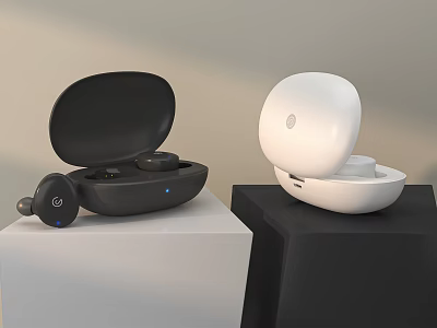 Wireless Headphones with Black and White Charging Cases on Display Stand 3d model